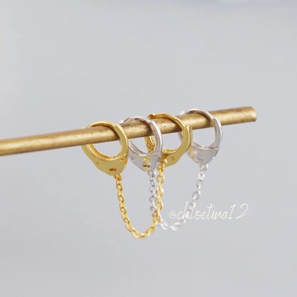 New Gold over 925 Sterling Silver Pierced Handcuff Hoop Chain Earring - Picture 6 of 13